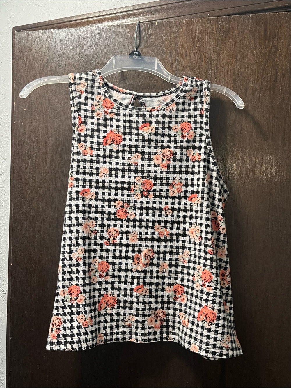 Women's Black & White Gingham Tank Top with Coral Floral Print